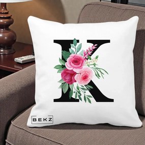 Cadou Personalizat - Perna Personalizata Monograma Florala Litera K, 40x40 cm, Alba Mata, Husa Detasabila, Perna Inclusa, BEKZ®