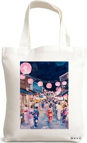 Sacosa de Panza pentru Cumparaturi, Geanta Tote, model Japan Colors 38 x 34.5 cm, Alba, BEKZ®