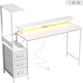 HOMCOM Birou Gaming cu Suport CPU Reglabil Reversibil și LED, 147x47 cm, Stație de Încărcare, Suport Monitor, 3 Sertare din Material Textil, pentru Acasă, Birou sau Studio, Alb | Aosom Romania