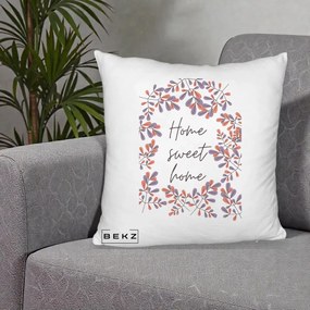 Perna Decorativa Home Sweet Home Frunze Colorate, 40x40 cm, Alb Pufos, Husa Detasabila, Perna Inclusa, BEKZ®
