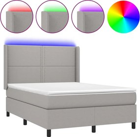 vidaXL Pat cu arcuri, saltea și LED, gri deschis, 140x200 cm, textil