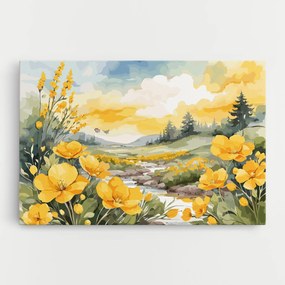 Tablou Canvas, 90x140cm, Dormitor si Living, Flori, Flori in natura, Vector_nature_landscape_with_beautiful_yellow_flowers_watercolor