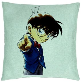 Perna Decorativa cu Detective Conan, 40x40 cm, Verde Menta, Husa Detasabila, Burduf