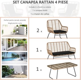 Outsunny Set Canapele pentru Veranda, 4 Piese, Ratan Natural, Design Sofisticat, Ideal pentru Relaxare si Petreceri in Aer Liber | Aosom Romania