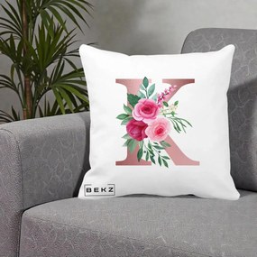Cadou Personalizat - Perna Personalizata Monograma Rose Gold Litera K, 40x40 cm, Alba Mata, Husa Detasabila, Perna Inclusa, BEKZ®