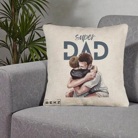 Cadou pentru Tata - Perna Personalizata Super Dad Tata si Fiu Imbratisare, 40x40 cm, Bej Canapea, Husa Detasabila, Perna Inclusa, BEKZ®