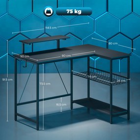 HOMCOM Birou gaming reversibil, birou de colț, suport pentru monitor, etajeră din plasă reglabilă, 114,5x82x91,5cm, negru | Aosom Romania