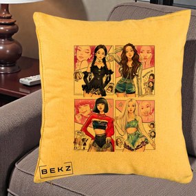 Perna Personalizata K-pop BLACKPINK Fanart Manga Benzi Desenate 4 Membre, 40x40 cm, Galben, Husa Detasabila, Perna Inclusa, BEKZ®