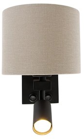 Aplică neagră cu lampă de citit și abajur 18 cm maro deschis - Brescia