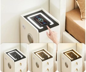 NOA1 - Set 2x Noptiere Smart, 30 cm, cu 3 sertare, LED, USB, Bluetooth, Incarcator Wireless, mobilier dormitor - Alb