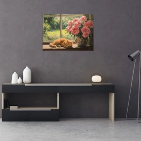 Tablou pe sticlă - Pisică la fereastră (70x50 cm)