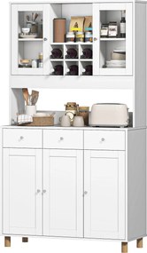 HOMCOM Dulap de bucătărie 180 cm, 2 uși din sticlă, 3 sertare, 4 rafturi reglabile, dulap pentru sufragerie, Spanplatte, Weiß | Aosom Romania