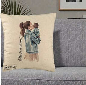 Cadou pentru Mama - Perna Personalizata The Best Mom Jachete, 40x40 cm, Bej, Husa Detasabila, Perna Inclusa, BEKZ®
