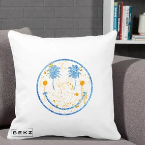 Perna Decorativa Smiley Face Tropical Albastru Glitter si Portocaliu, 40x40 cm, Alba Mata, Husa Detasabila, Perna Inclusa, BEKZ®
