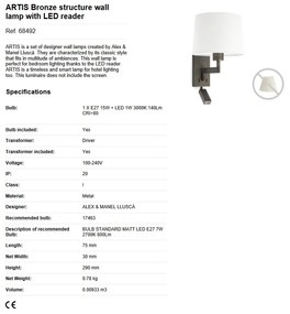 Aplica cu reader LED stil clasic design elegant ARTIS bronz/alb