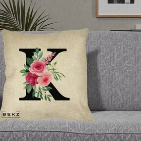 Cadou Personalizat - Perna Personalizata Monograma Florala Litera K, 40x40 cm, Crem, Husa Detasabila, Perna Inclusa, BEKZ®