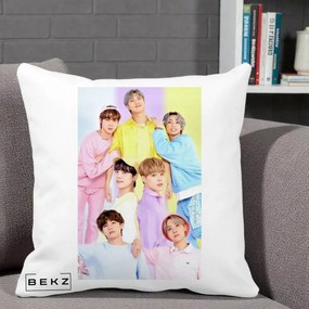 Perna Personalizata K-pop BTS Foto Grup Pastel Colorat cu 7 Membrii, 40x40 cm, Alba Mata, Husa Detasabila, Perna Inclusa, BEKZ®