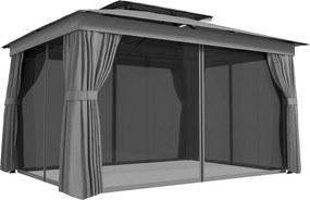 Outsunny Pavilion de Grădină 3,8x3 m cu Perdele, Plasă de Țânțari, Cârlige, Pavilion de Exterior cu Acoperiș Dublu, Orificii de Drenaj, Structură Metalică, pentru Grădină, Terasă, Petreceri, UV30+, Gri Închis | Aosom Romania