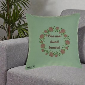 Cadou pentru Bunica - Perna Personalizata Cea Mai Buna Bunica Coronita Trandafiri Roz Clasic, 40x40 cm, Verde, Husa Detasabila, Perna Inclusa, BEKZ®