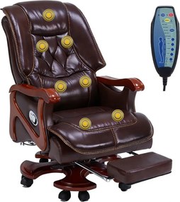 Regal Confort – Scaun directorial din Piele Naturală si Lemn Masiv, Masaj in 7 puncte, Funcție Încălzire, Înclinare 135°, Suport Picioare Extensibil, Sezut cu Arcuri, Telecomandă, Maro