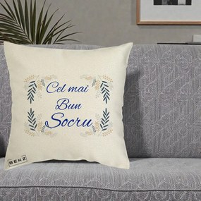 Cadou pentru Socru - Perna Personalizata Cel mai Bun Socru cu Ramuri Frunze Albastre si Aurii, 40x40 cm, Ecru, Husa Detasabila, Perna Inclusa, BEKZ®