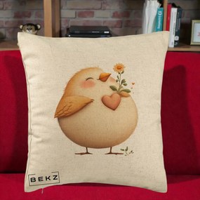Perna Decorativa Pui cu Inima si Floarea-Soarelui, 40x40 cm, Bej, Husa Detasabila, Perna Inclusa, BEKZ®