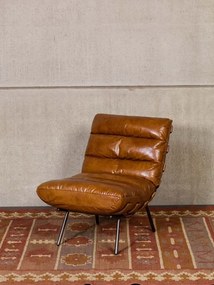 Fotoliu lounge din piele naturală top grain cognac cu structură din stejar și metal, „Spinal”