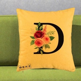 Cadou Personalizat - Perna Personalizata Monograma Florala Litera D, 40x40 cm, Galben, Husa Detasabila, Perna Inclusa, BEKZ®