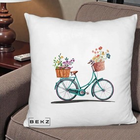 Perna Decorativa Bicicleta Florala Turcoaz Acuarela, 40x40 cm, Alb Pufos, Husa Detasabila, Perna Inclusa, BEKZ®