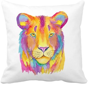 Perna Decorativa, Colorful Lion, 40x40 cm, Alba, Mata, Husa Detasabila, Burduf