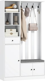 HOMCOM Dulap pentru hol 180 cm cu suport pentru haine, bancă pentru încălțăminte, 4 cârlige, polițe deschise, MDF, Alb | Aosom Romania