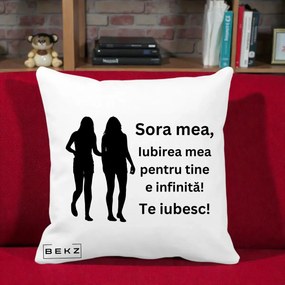Cadou pentru Sora - Perna Personalizata Sora Mea Te Iubesc Siluete Negre Tinand Maini, 40x40 cm, Alba Mata, Husa Detasabila, Perna Inclusa, BEKZ®