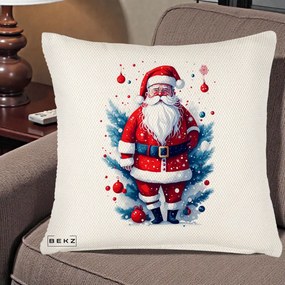 Perna Decorativa Mos Craciun Ilustratie Digitala Colorata, 40x40 cm, Crem Reliefat, Husa Detasabila, Perna Inclusa, BEKZ®