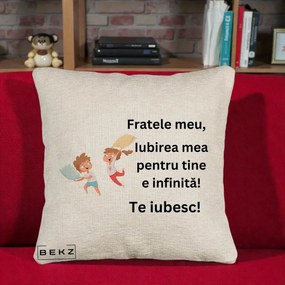 Cadou pentru Frate - Perna Personalizata Fratele Meu Te Iubesc Copii Batalie Perne, 40x40 cm, Bej Canapea, Husa Detasabila, Perna Inclusa, BEKZ®