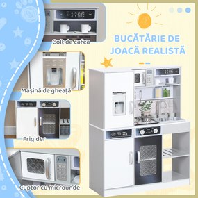 AIYAPLAY Set de Bucătărie de Jucărie din Lemn cu Aragaz cu Lumini și Sunete, Chiuvetă cu Circulație a Apei și Accesorii, Alb | Aosom Romania