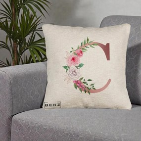 Cadou Personalizat - Perna Personalizata Monograma Rose Gold Litera C, 40x40 cm, Bej Canapea, Husa Detasabila, Perna Inclusa, BEKZ®