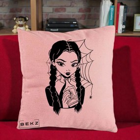 Perna Personalizata Wednesday cu Panza de Paianjen, 40x40 cm, Roz, Husa Detasabila, Perna Inclusa, BEKZ®