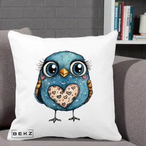 Perna Decorativa Bufnita Albastra cu Inimioare, 40x40 cm, Alba Mata, Husa Detasabila, Perna Inclusa, BEKZ®