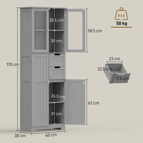 HOMCOM Dulap înalt pentru baie, mobilier de depozitare cu 4 uși dintre care 2 vitrate, 2 sertare și polițe reglabile, alb | Aosom Romania