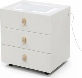Noptieră inteligentă, încărcare Wireless și port USB+USB C, 3 sertare, 3 tipuri de iluminare LED touch, 3 tipuri de culoare, sticla securizata, Alb