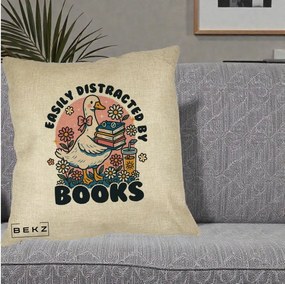 Perna Personalizata Easily Distracted by Books, 40x40 cm, Crem, Husa Detasabila, Perna Inclusa, BEKZ®