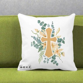 Perna Personalizata Cruce Florala Botez, 40x40 cm, Alba Mata, Husa Detasabila, Perna Inclusa, BEKZ®