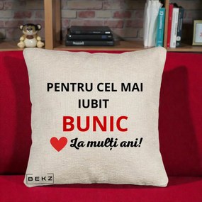 Cadou pentru Bunic - Perna Personalizata Pentru Cel Mai Iubit Bunic La Multi Ani Rosu, 40x40 cm, Bej Canapea, Husa Detasabila, Perna Inclusa, BEKZ®