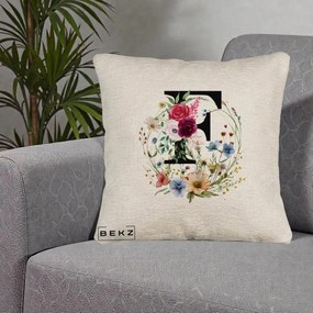 Cadou Personalizat - Perna Personalizata Monogram Litera F cu Flori Acuarela, 40x40 cm, Bej Canapea, Husa Detasabila, Perna Inclusa, BEKZ®