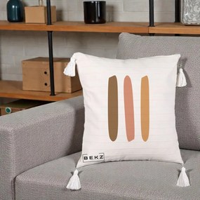 Perna Decorativa Abstract Linii Terracotta, 40x40 cm, Bej cu Franjuri, Husa Detasabila, Perna Inclusa, BEKZ®