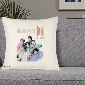 Perna Personalizata K-pop BTS ARMY Fotografie Grup Veseli, 40x40 cm, Crem Reliefat, Husa Detasabila, Perna Inclusa, BEKZ®