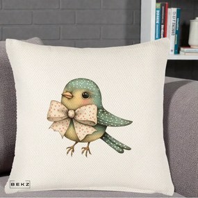 Perna Decorativa Pasare Teal cu Fundita cu Buline, 40x40 cm, Crem Reliefat, Husa Detasabila, Perna Inclusa, BEKZ®
