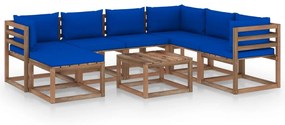 Set mobilier de gradina cu perne albastre, 8 piese Albastru, 3x colt + 3x mijloc + suport pentru picioare + masa, 1