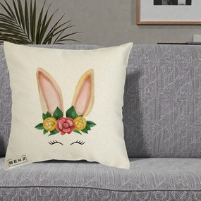 Perna Decorativa Iepuras Flori Urechi Pastelui, 40x40 cm, Ecru, Husa Detasabila, Perna Inclusa, BEKZ®
