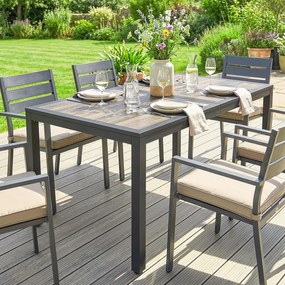 Outsunny Masă de grădină pentru 4–6 persoane, masă de exterior cu blat cu efect de lemn, 140 x 80 x 72 cm, gri închis | Aosom Romania